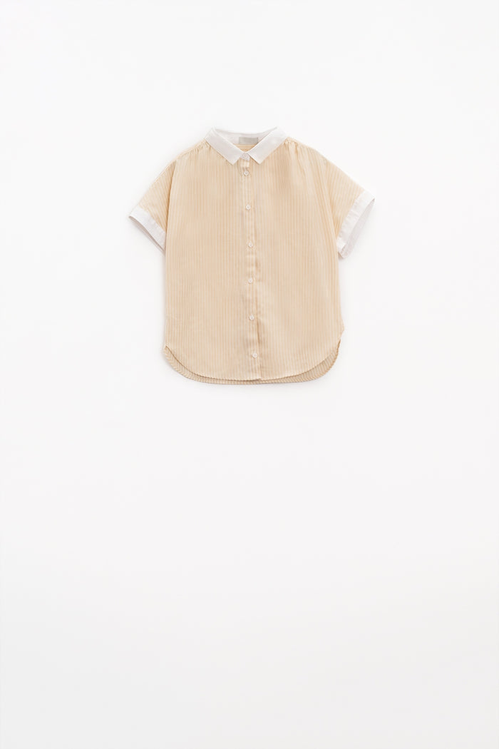 Beige shirt with short sleeves and vertical stripes - Shirts