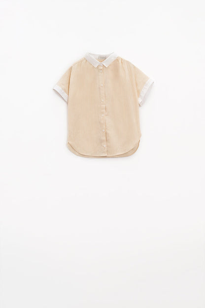 Beige shirt with short sleeves and vertical stripes - Shirts