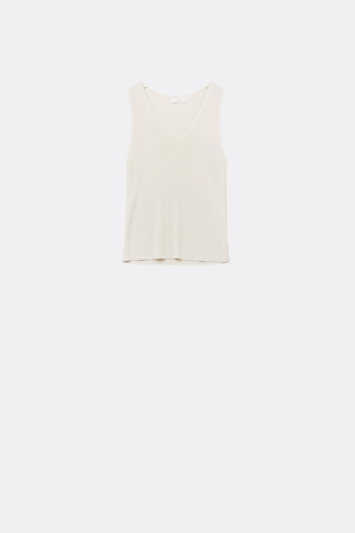 Beige sleeveless fine knitted top With V-Neck