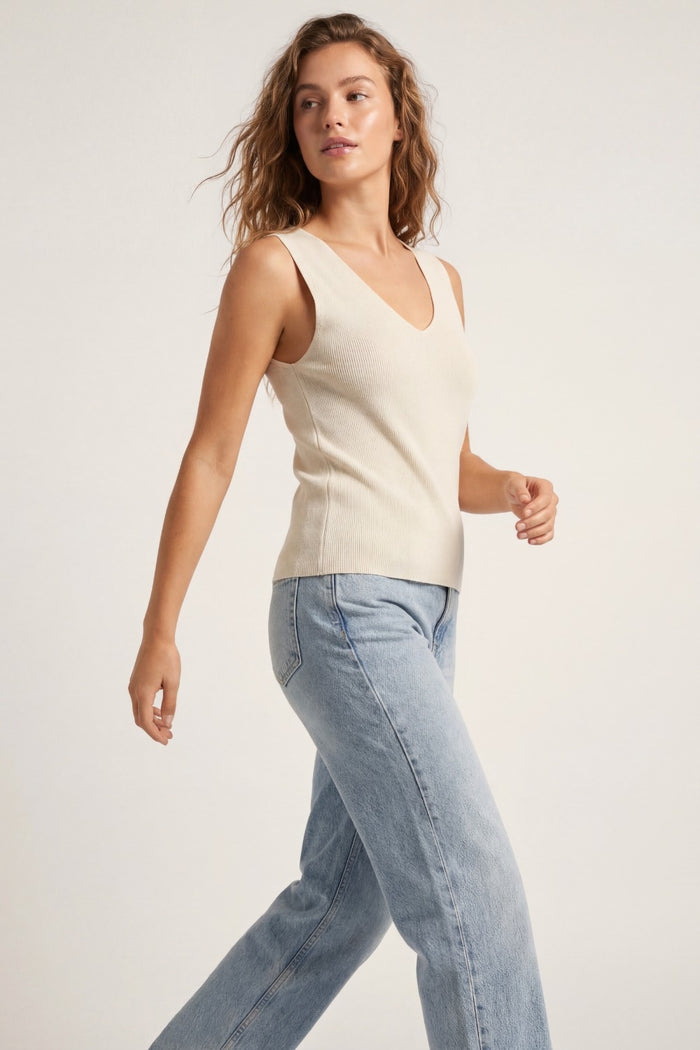 Beige sleeveless fine knitted top With V-Neck