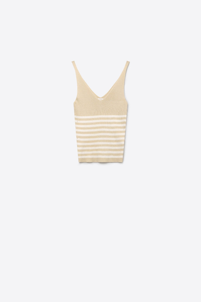 Beige Stripe Ribbed Knit V-Neck Fitted Tank Top
