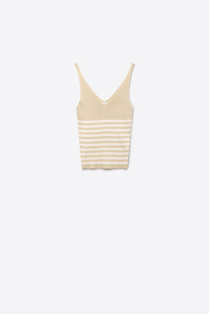 Beige Stripe Ribbed Knit V-Neck Fitted Tank Top