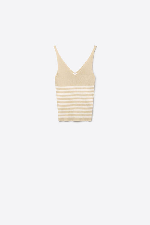 Beige Stripe Ribbed Knit V-Neck Fitted Tank Top