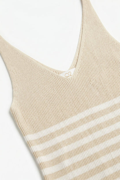 Beige Stripe Ribbed Knit V-Neck Fitted Tank Top