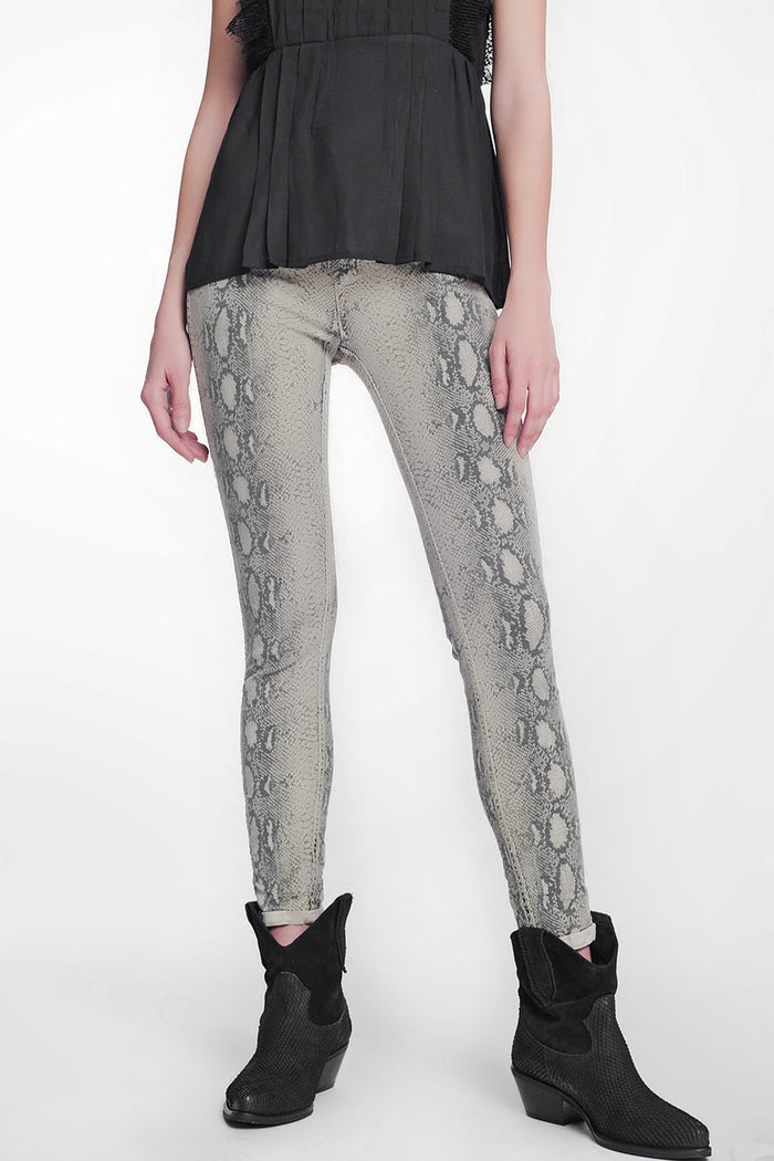 beige super skinny reversible trousers with snake print - Coloured Jeans