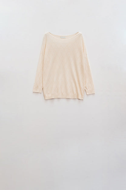 Beige sweater in argyle print with boat neck