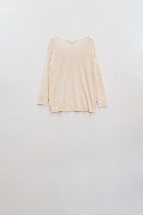 Beige sweater in argyle print with boat neck
