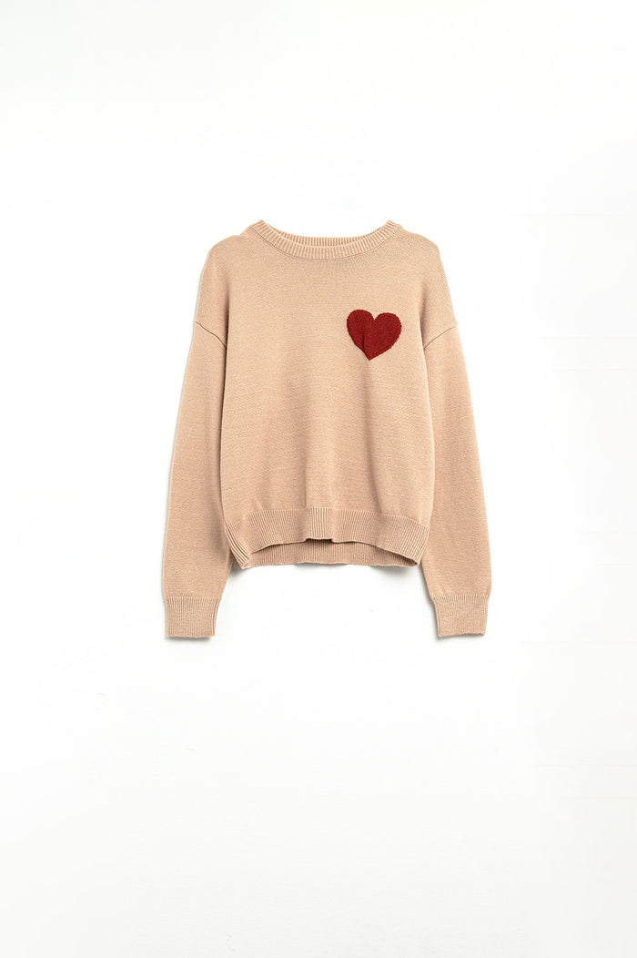 Beige sweater with red heart detail