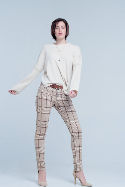 Beige Tartan Boyfriend Jeans - Coloured Jeans