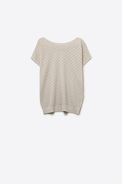 Beige Textured Knit Short Sleeve Sweater Top