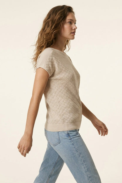 Beige Textured Knit Short Sleeve Sweater Top