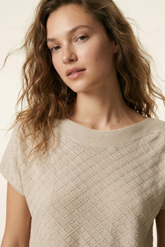 Beige Textured Knit Short Sleeve Sweater Top