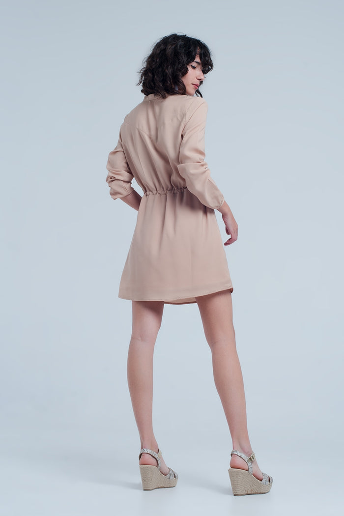 Beige tie waist shirt mini dress - dress