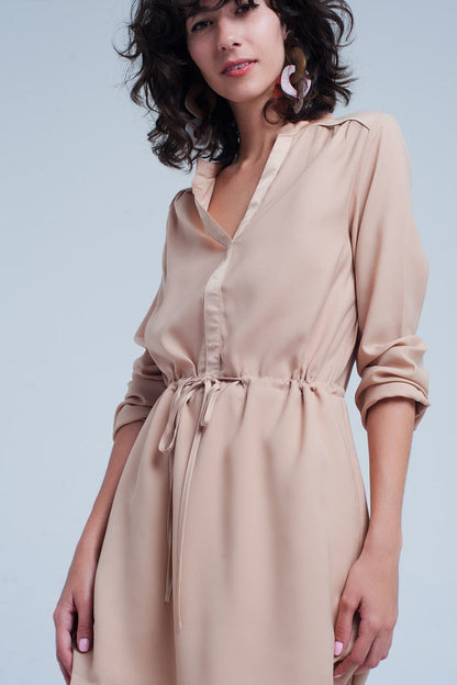 Beige tie waist shirt mini dress - dress