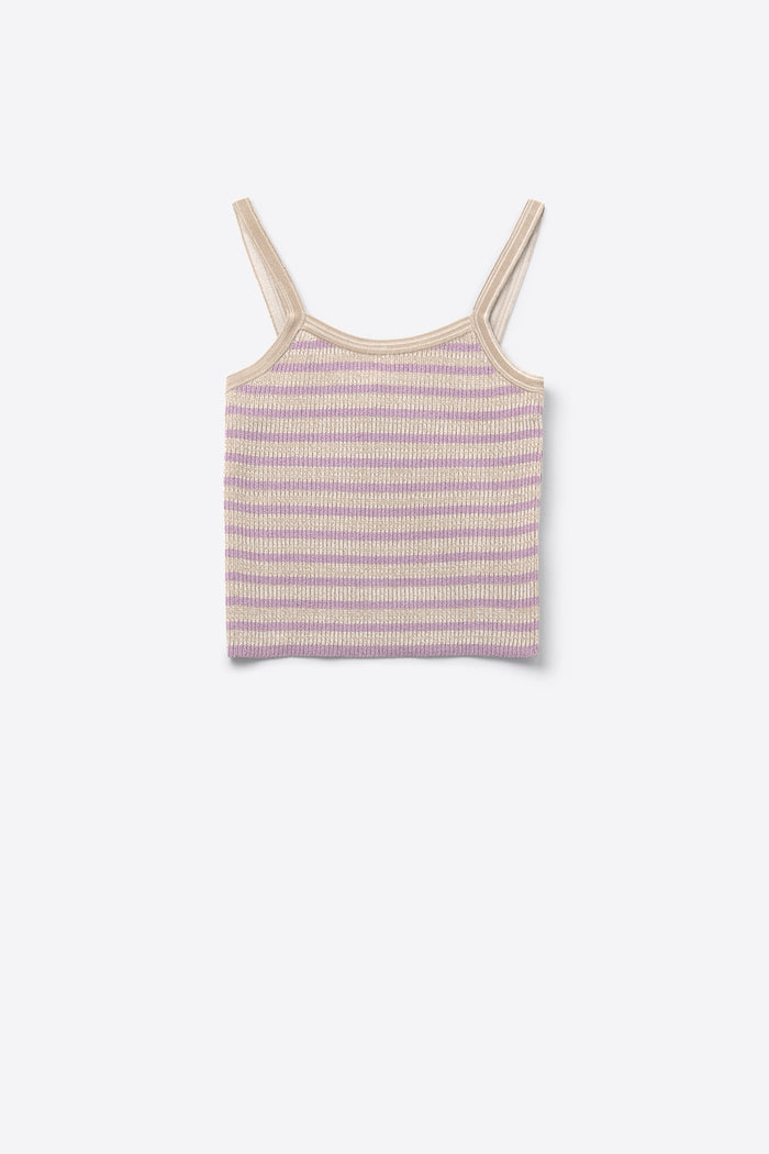 beige top with lilac stripes and straps