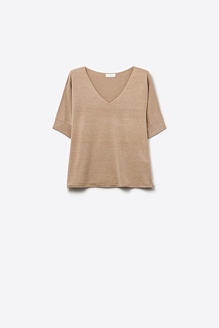 Beige V-Neck Relaxed Fit Knit Top