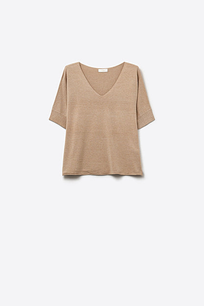 Beige V-Neck Relaxed Fit Knit Top