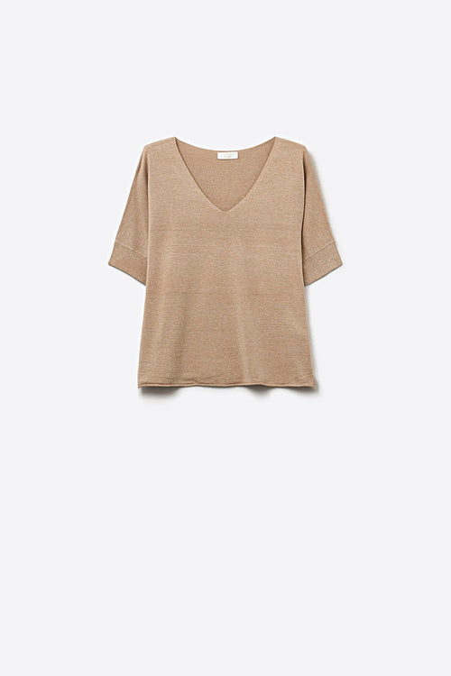 Beige V-Neck Relaxed Fit Knit Top