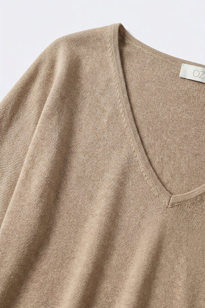 Beige V-Neck Relaxed Fit Knit Top