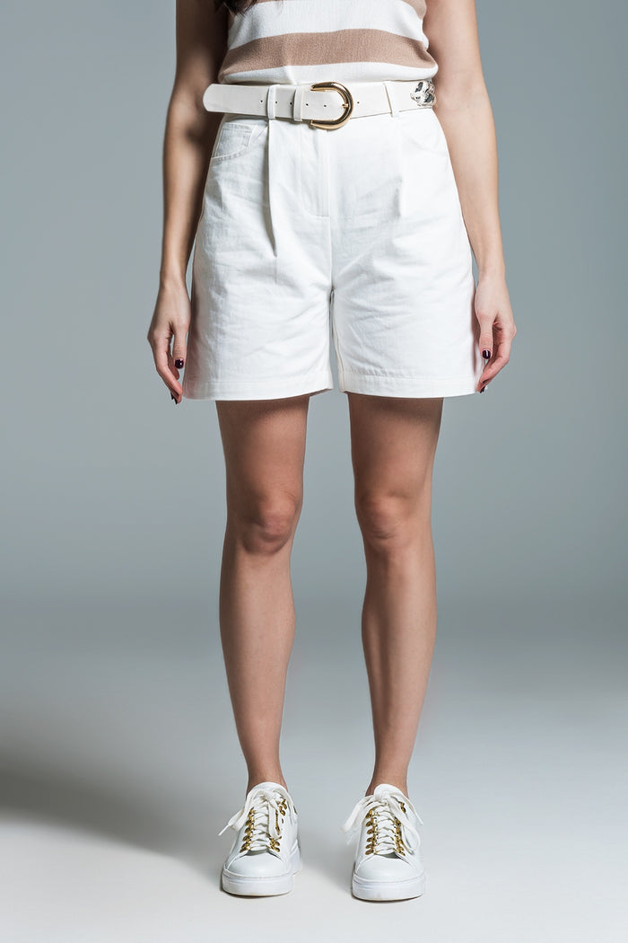 Bermuda Relaxed Fit Shorts With Front Pleats in White - trousers