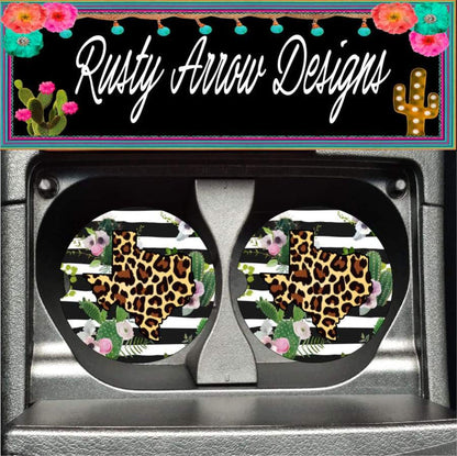 Black and White striped Cheetah Texas Set of 2 Car Coasters - Car Coasters