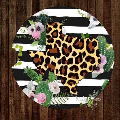 Black and White striped Cheetah Texas Set of 2 Car Coasters - Car Coasters