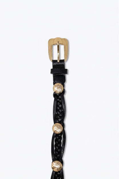 Black Braided Faux Leather Gold Buckle Stud Detail Belt