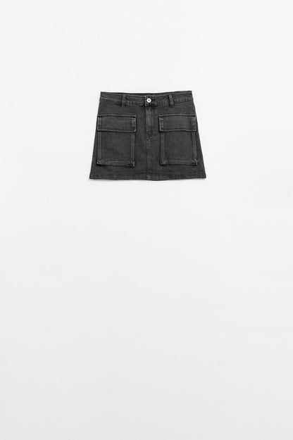 Black denim miniskirt with cargo pockets