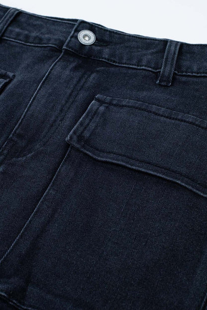 Black denim miniskirt with cargo pockets