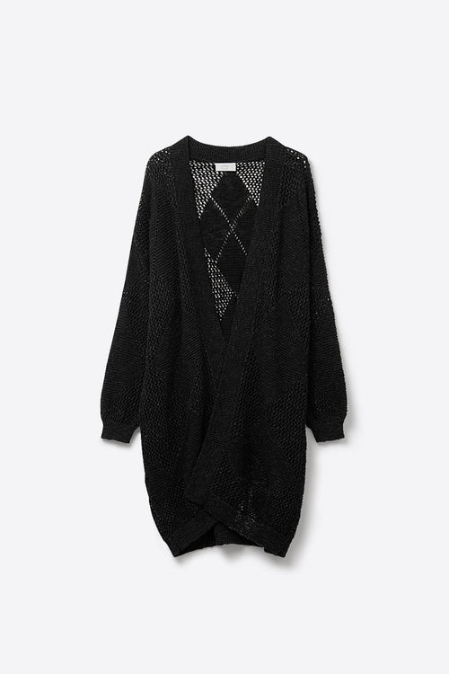 Black Draped Cardigan With Crochet Design