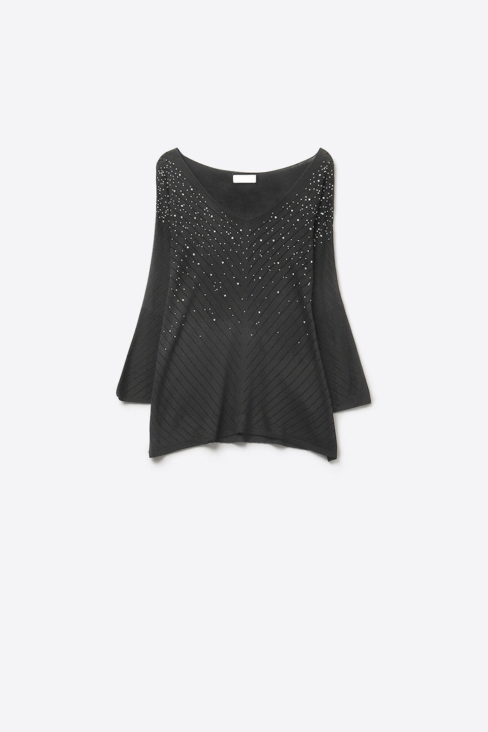 Black Embellished V-Neck Knit Top with Flared Silhouette