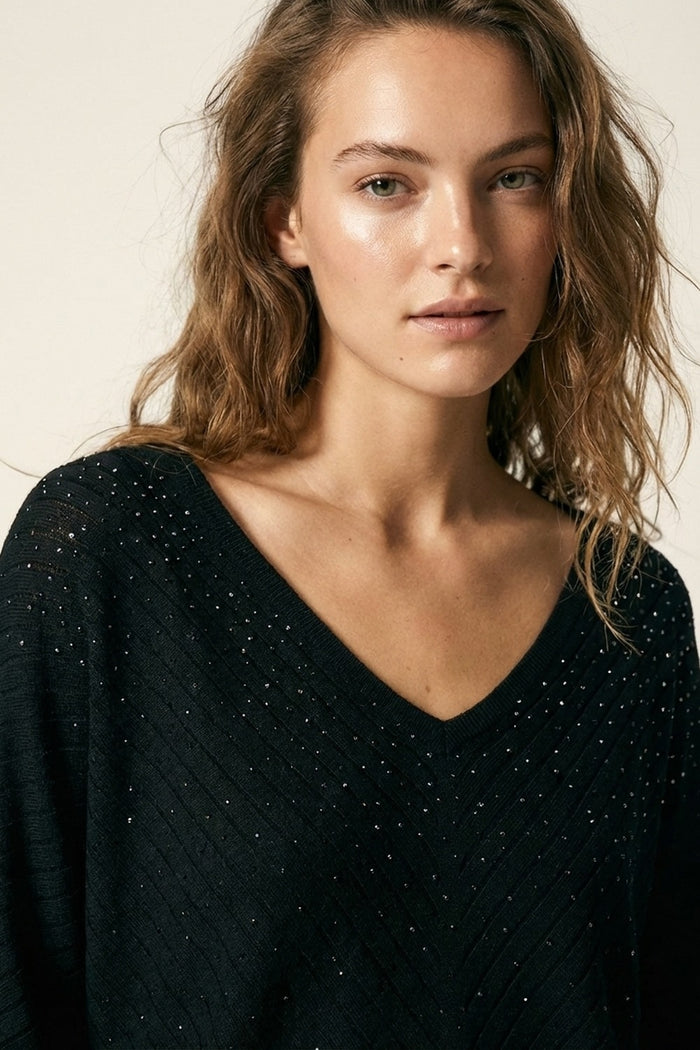 Black Embellished V-Neck Knit Top with Flared Silhouette
