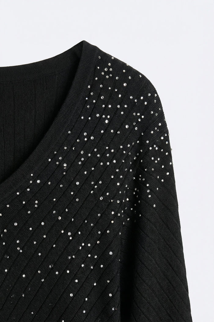 Black Embellished V-Neck Knit Top with Flared Silhouette