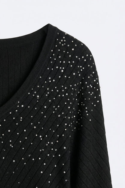 Black Embellished V-Neck Knit Top with Flared Silhouette