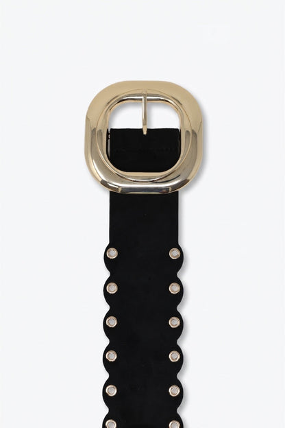 Black Faux Leather Gold Buckle Eyelet Scallop Edge Belt