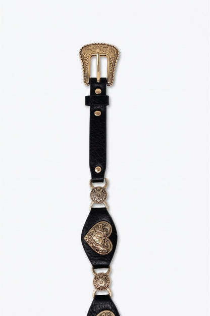 Black Faux Leather Heart Embellished Western Buckle Detail Belt