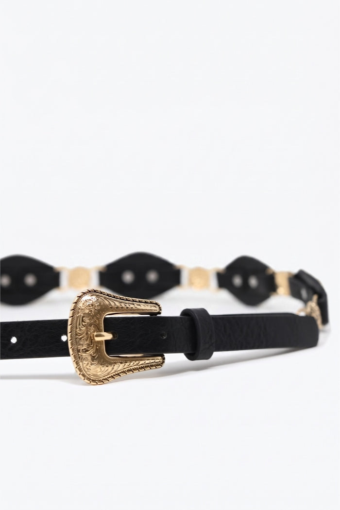 Black Faux Leather Heart Embellished Western Buckle Detail Belt