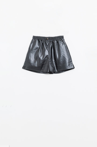 Black faux leather shorts with gathering at the waist with drawstring - trousers