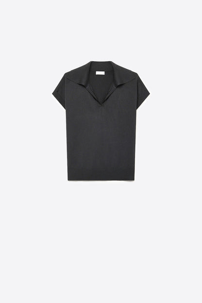 Black Fine Knit Polo Collar Rib Hem Regular Fit Top