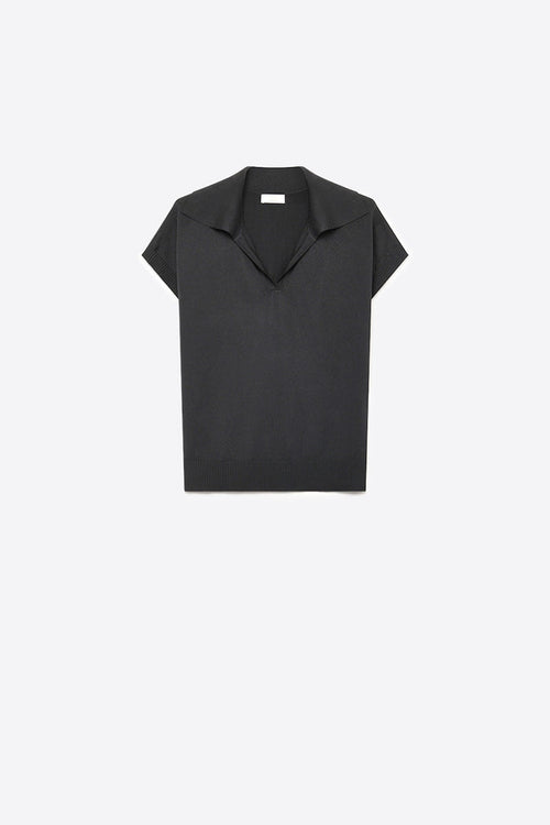 Black Fine Knit Polo Collar Rib Hem Regular Fit Top