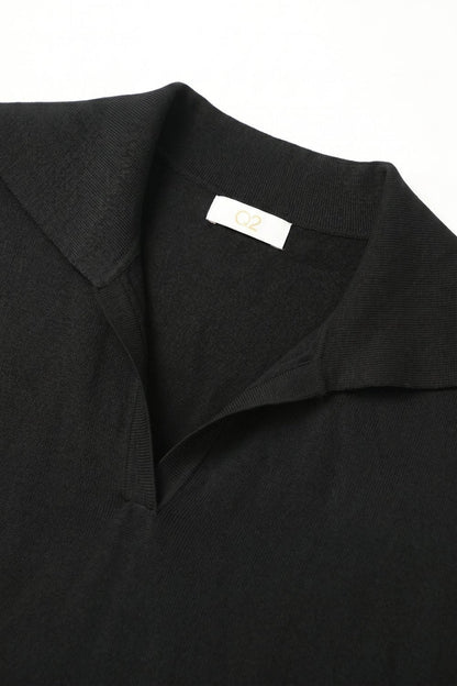 Black Fine Knit Polo Collar Rib Hem Regular Fit Top