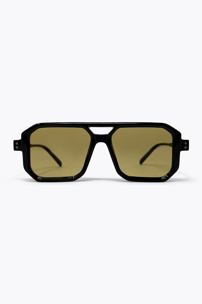 Black Geometric Frame Olive Tinted Square Oversize Sunglasses
