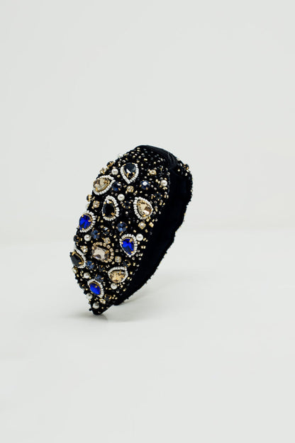 Black Headband with Big and Small Embroidered Jewells