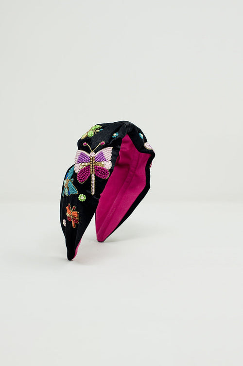Black Headband With Embroidered Butterflies and Flowers