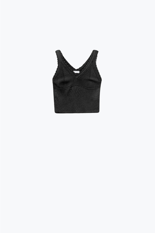 Black Knit V-Neck Top with Scalloped Edges