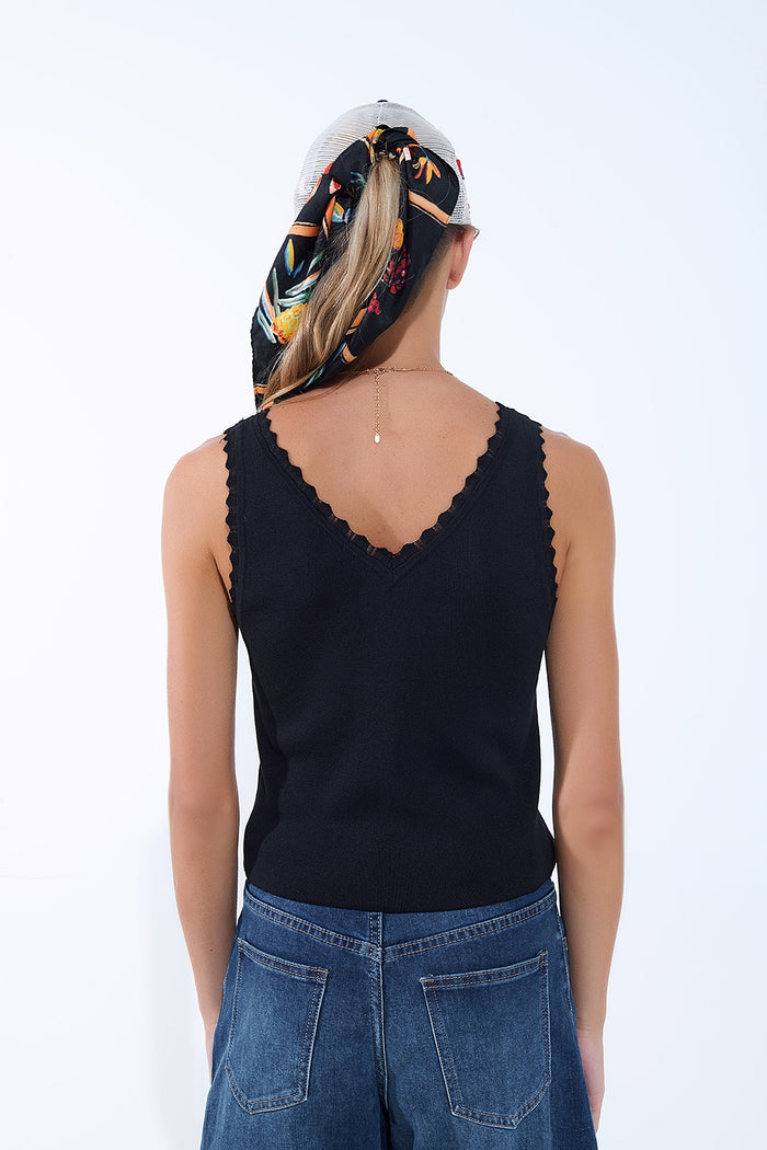 Black Knit V-Neck Top with Scalloped Edges