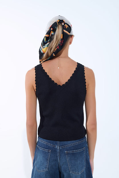 Black Knit V-Neck Top with Scalloped Edges