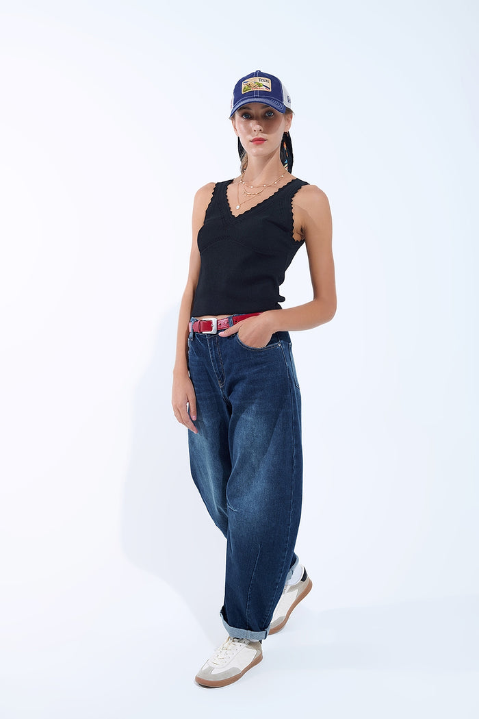 Black Knit V-Neck Top with Scalloped Edges