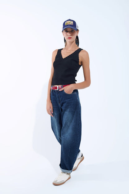 Black Knit V-Neck Top with Scalloped Edges