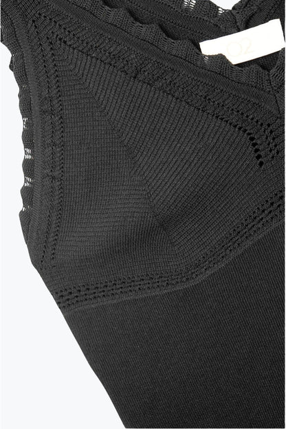 Black Knit V-Neck Top with Scalloped Edges